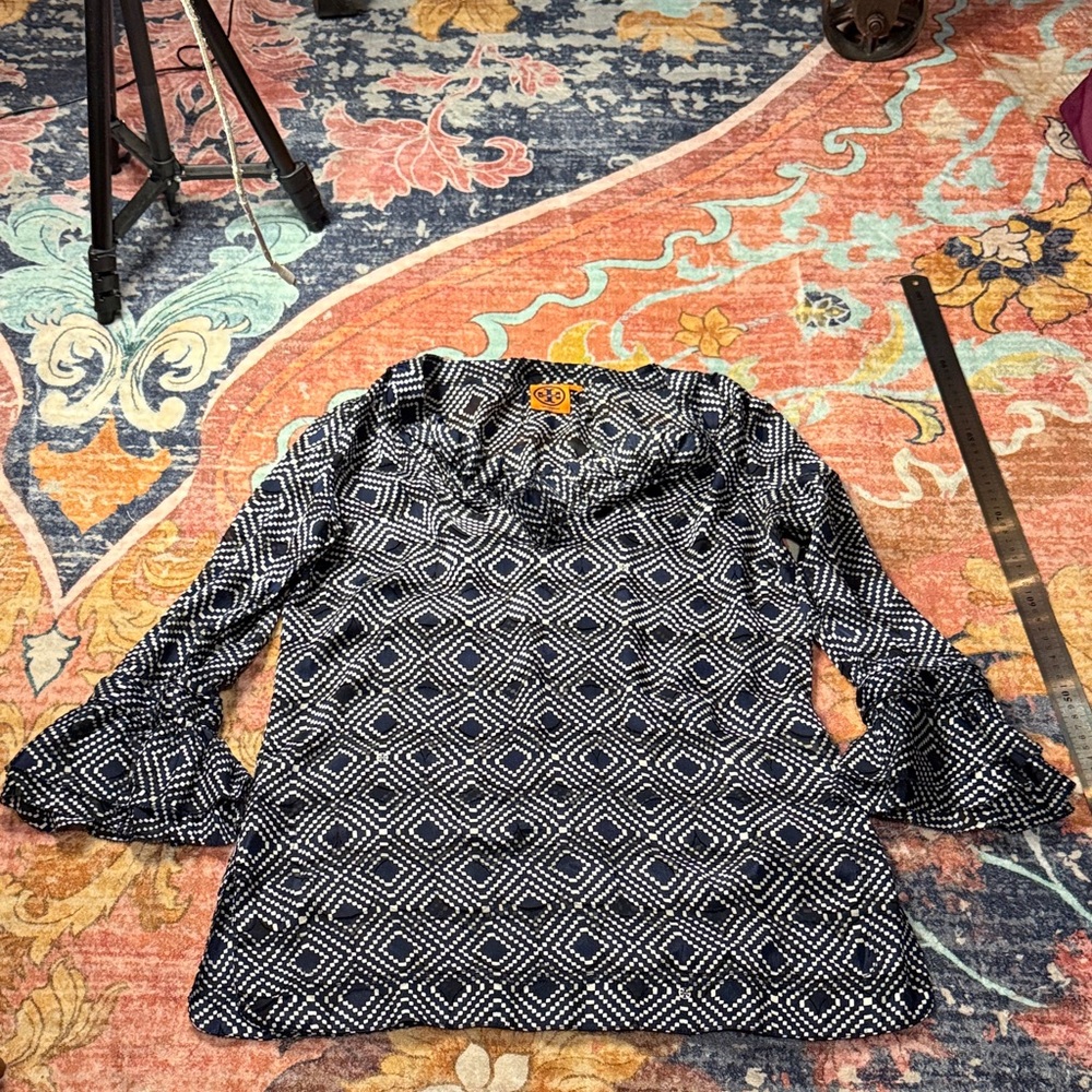 Tory Burch Navy and White Geometric Blouse